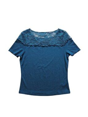 NWT | Grace Karin Teal Blue Lace Yoke Short Sleeve Top Large